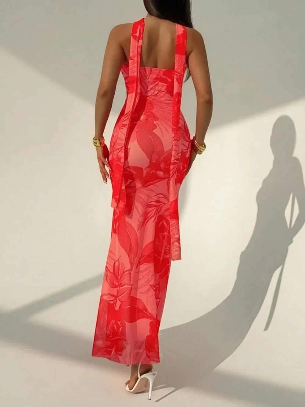 Red Elegant Women's Casual Printed Maxi Dress - Picture 2 of 8